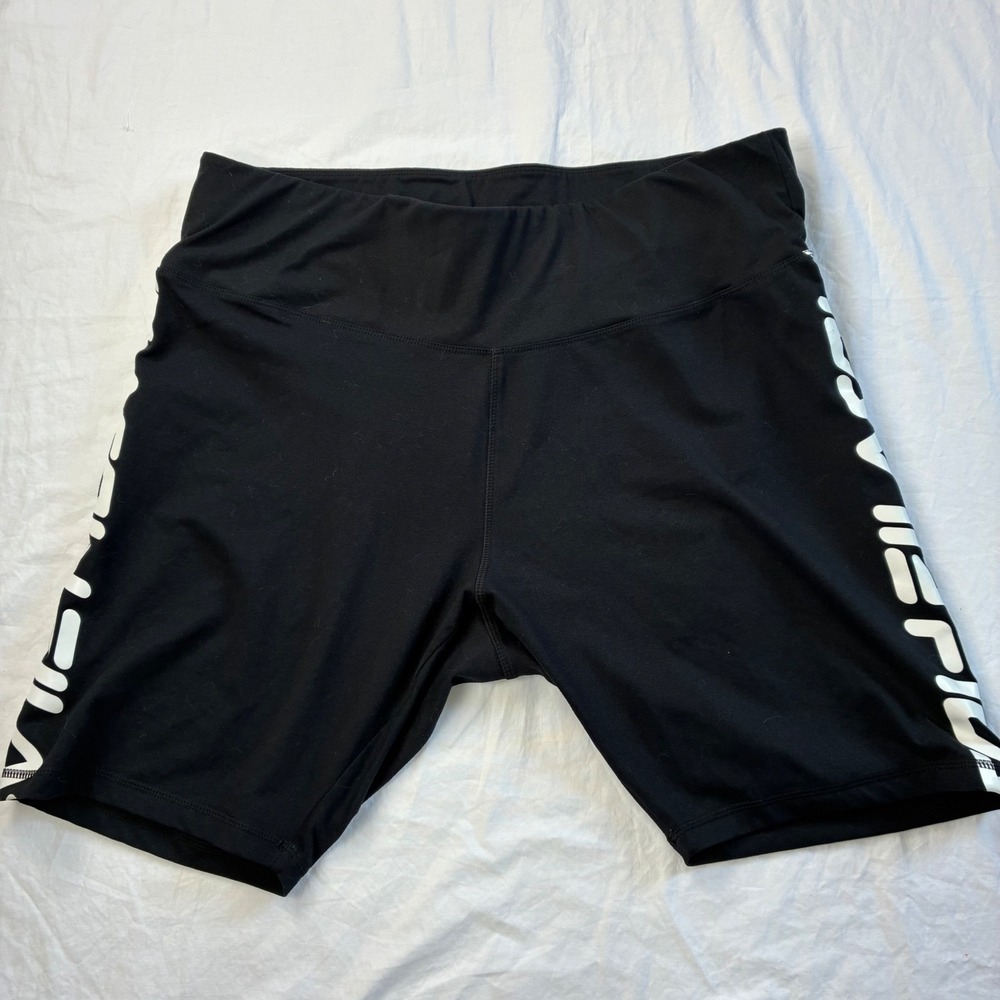Fila Plus Size 2X Biker Shorts Black High Waisted Big Logo Athletic Activewear